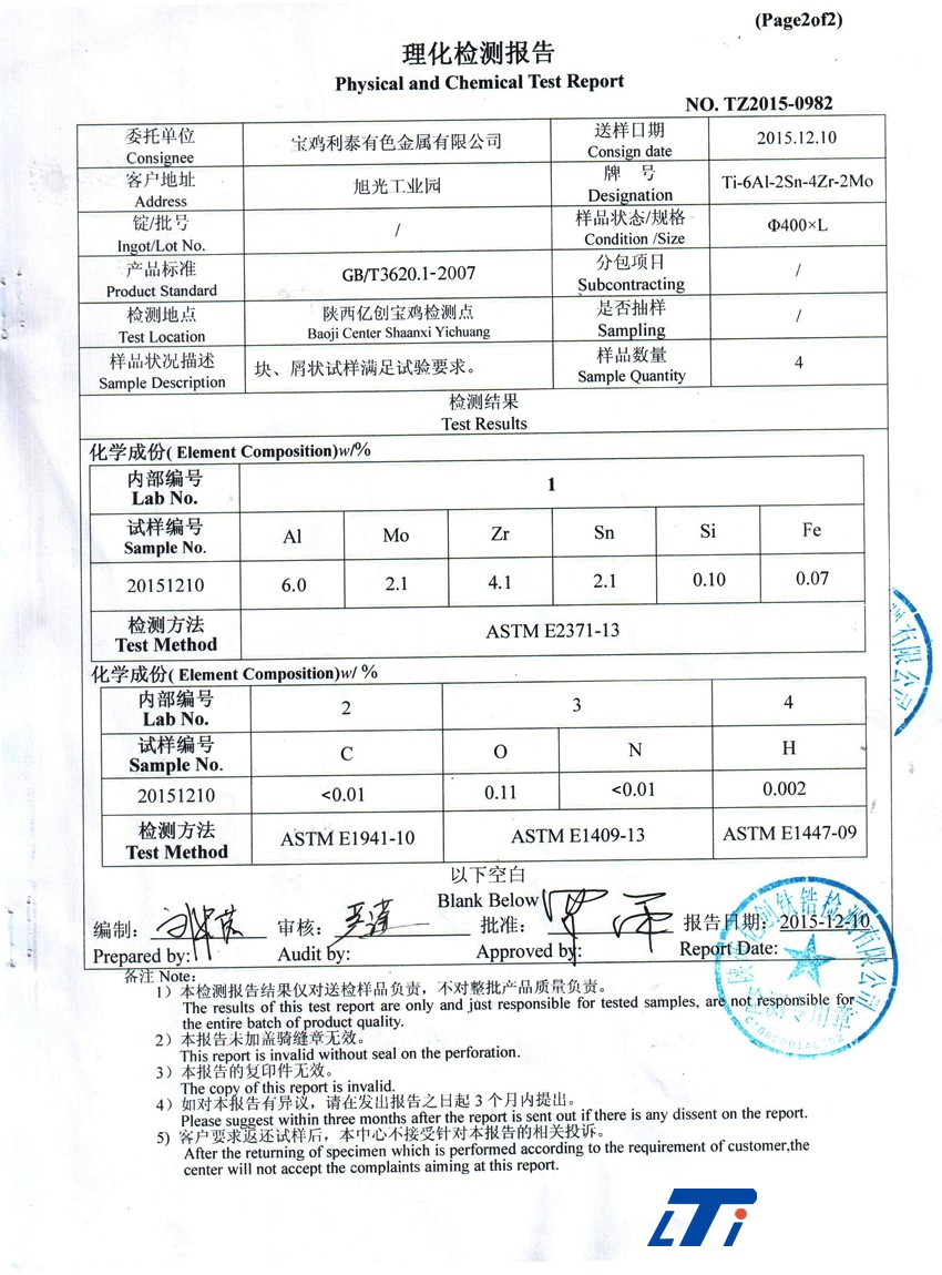 鈦合金質(zhì)量檢測(cè)報(bào)告